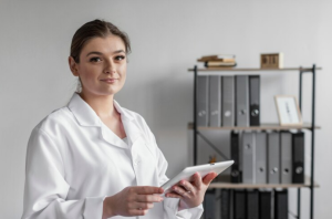 Clínicas de estética - Especialista en medicina estética de pie en su consulta revisando información en una Tablet