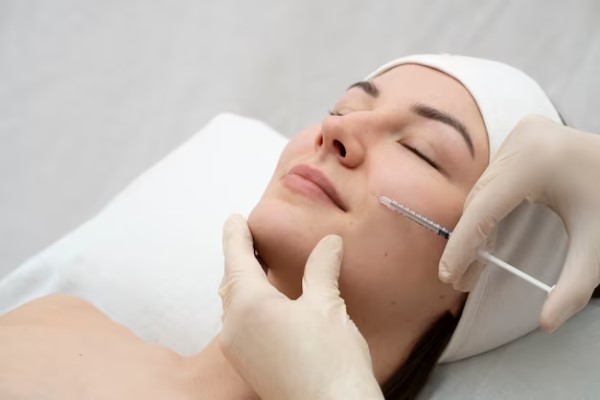 Dermatóloga aplica microinyecciones de ácido hialurónico para atenuar la visibilidad de las líneas de expresión en el surco nasogeniano