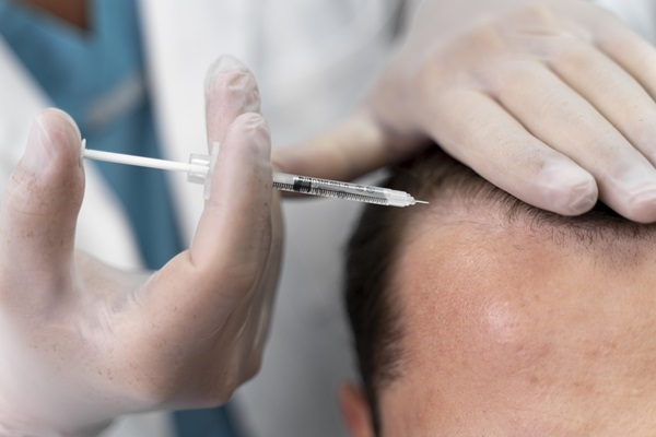 Clínicas de injerto capilar en Cataluña - Doctor realizando un tratamiento de injerto capilar a un paciente en la zona de las entradas
