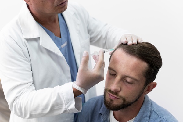 Doctor realizando un trasplante de pelo a un hombre, para devolverle su cabellera