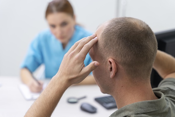 Hombre conversando con la doctora sobre los problemas de alopecia que está comenzando a padecer, motivado al consumo de medicamentos