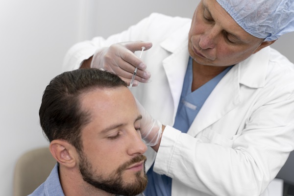 Doctor realizando un implante de cabello a un paciente masculino, para revertir los efectos de la alopecia