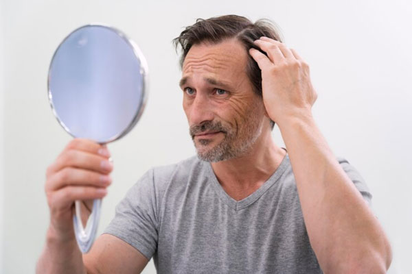 La calvicie y el pelo graso - Hombre con espejo empieza a notar el deterioro de su imagen por la pérdida de cabello