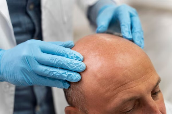 Médico tricólogo evaluando el cuero cabelludo de un hombre con alopecia avanzada en la mejor clínica injerto capilar Madrid