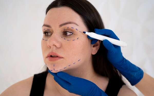 Clínica de cirugía estética - Médico profesional realizando el boceto de la cirugía estética en el rostro de una mujer joven