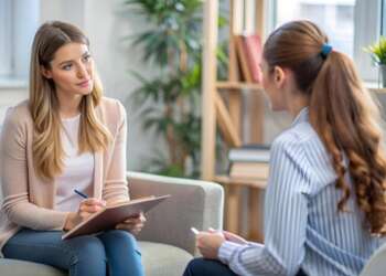 Mejor gabinete de Psicología en Madrid - Psicóloga joven atendiendo en la consulta de terapia a una paciente femenina