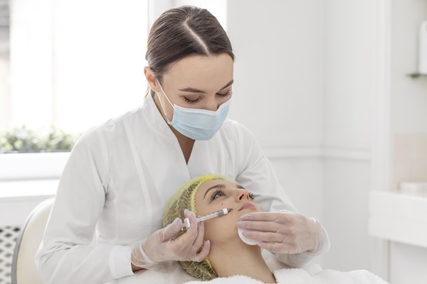 Tratamiento regenerador facial - Mujer aplicándose una inyección de ácido hialurónico en el rostro, para rejuvenecer la piel