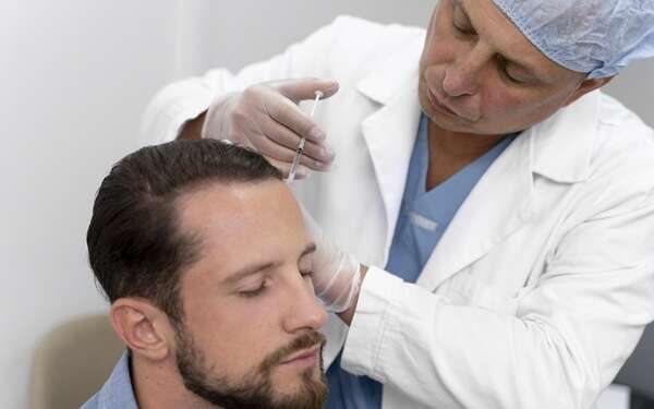 Mejores clínicas trasplantes capilares - Médico tricólogo realizando un tratamiento capilar a un hombre en una de las mejores clínicas injerto capilar Madrid