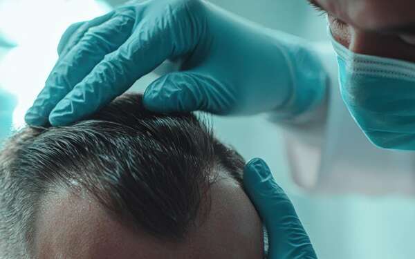 Injerto capilar Barcelona - Médico tricólogo evaluando el cuero cabelludo de un hombre con alopecia en una de las mejores clínicas de injerto capilar Barcelona