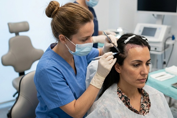 Cirujana capilar realizando un implante de cabello en la frente de una paciente femenina