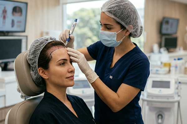 Tricóloga realizando un trasplante de cabello sin rapar a una mujer usando la técnica DHI