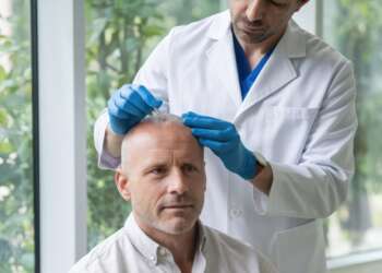 Injerto capilar Madrid - Mejor cirujano capilar España evaluando el cuero cabelludo de un hombre con alopecia avanzada en la mejor clínica injerto capilar Madrid