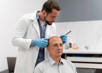 Mejores doctores injerto capilar España - Mejor cirujano capilar España evaluando a un hombre con alopecia para realizar un injerto capilar en Madrid