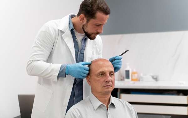 Mejores doctores injerto capilar España - Mejor cirujano capilar España evaluando a un hombre con alopecia para realizar un injerto capilar en Madrid