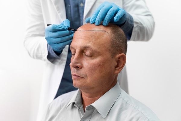 Injerto capilar España - Uno de los mejores doctores injerto capilar España realizando el diseño del implante capilar a un hombre con alopecia avanzada
