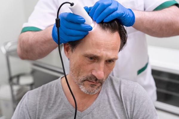 Mejor clínica injerto capilar España - Uno de los mejores doctores injerto capilar España evaluando la densidad capilar de un hombre con alopecia en las entradas