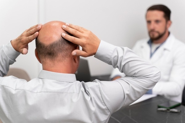 Médico tricólogo evaluando a un hombre con alopecia avanzada en la coronilla