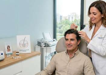 Fortalecer el cabello - Médico tricólogo realizando un tratamiento capilar para fortalecer el cabello de un hombre luego de un injerto capilar Madrid