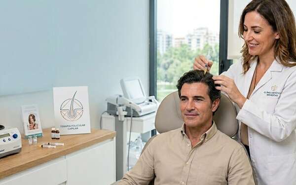 Fortalecer el cabello - Médico tricólogo realizando un tratamiento capilar para fortalecer el cabello de un hombre luego de un injerto capilar Madrid