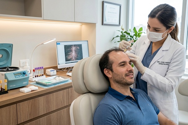 Fortalecer el cabello - Dermatóloga aplicando un tratamiento capilar con plasma rico en plaquetas PRP a un hombre con pérdida de cabello