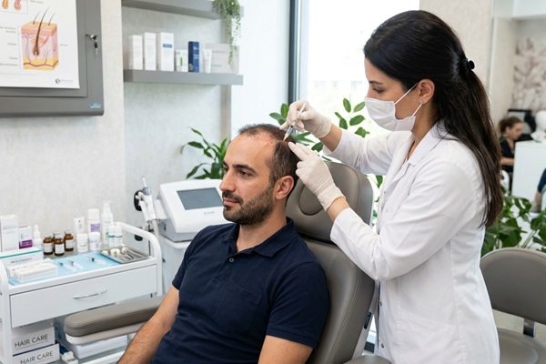 Fortalecer el cabello - Médico tricólogo realizando un tratamiento anticaída con mesoterapia capilar a un hombre con alopecia en las entradas