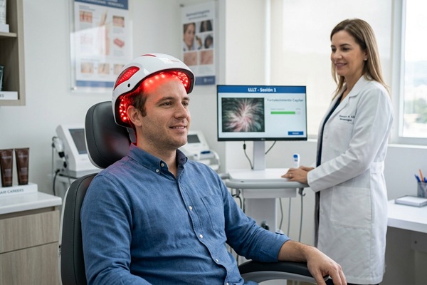 Dermatóloga aplicando un tratamiento capilar con láser de baja potencia a un hombre para estimular el crecimiento del pelo