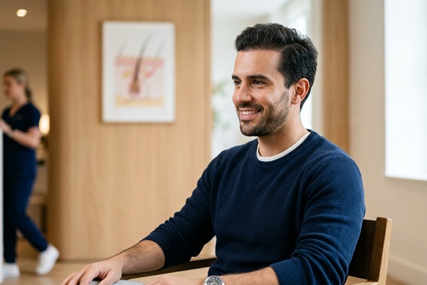 Hombre feliz con el crecimiento del 50 % del cabello luego de 6 meses del trasplante capilar