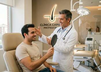 Mejores clínicas injerto capilar España - Médico tricólogo evaluando los resultados de un hombre en la mejor clínica injerto capilar España