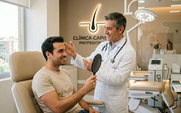 Mejores clínicas injerto capilar España - Médico tricólogo evaluando los resultados de un hombre en la mejor clínica injerto capilar España