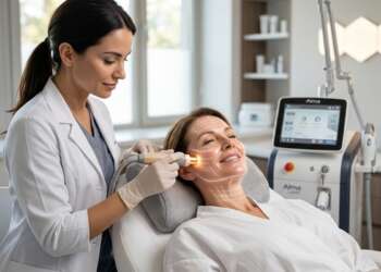 Rejuvenecimiento facial 4D - Médico estético realizando un tratamiento de rejuvenecimiento facial láser a una mujer