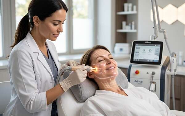 Rejuvenecimiento facial 4D - Médico estético realizando un tratamiento de rejuvenecimiento facial láser a una mujer