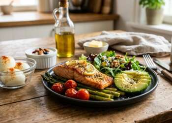 Dieta keto - Menú dieta cetogénica compuesto por un filet de salmón y vegetales bajo en carbohidratos