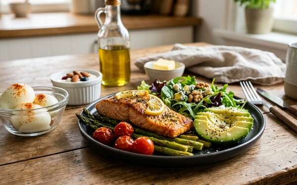 Dieta keto - Menú dieta cetogénica compuesto por un filet de salmón y vegetales bajo en carbohidratos