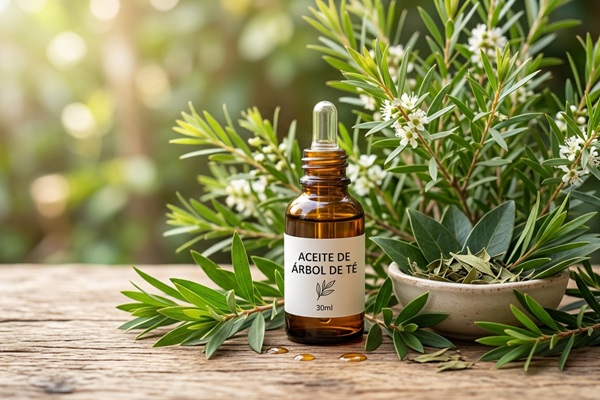 Aceite de árbol de té - Envase con extracto de aceite que se utiliza para hacer spray árbol de té gracias a sus propiedades medicinales