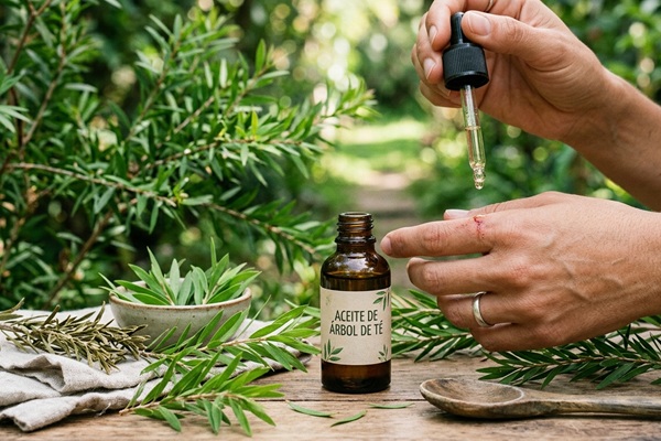 Aceite de árbol de té - Mujer utilizando aceite de árbol de té para tratar infecciones en la piel