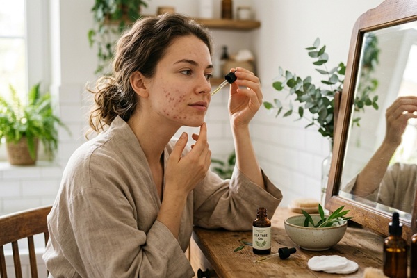 Aceite de árbol de té - Mujer aplicando aceite de árbol de té para tratar el acné gracias a sus propiedades antisépticas