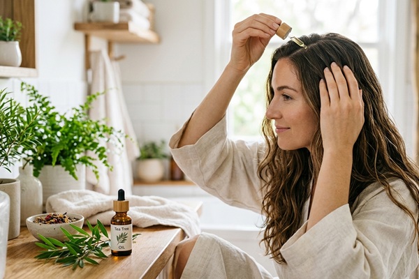 Mujer usando aceite de árbol de té para el cabello que ayuda a limpiar el cuero cabelludo y reducir el sebo