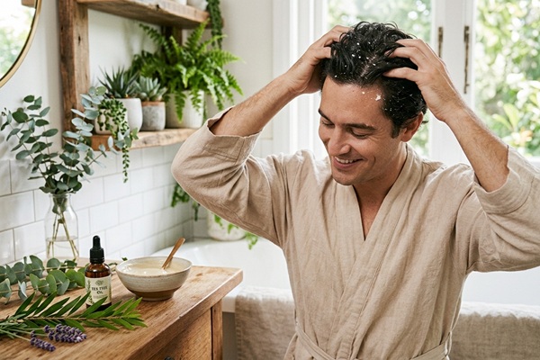 Hombre limpiando el cuero cabelludo con productos naturales para eliminar la caspa