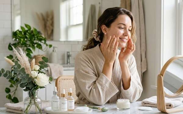 Skincare - Mujer realizándose una rutina facial con productos de skincare profesional para cuidar la piel del rostro