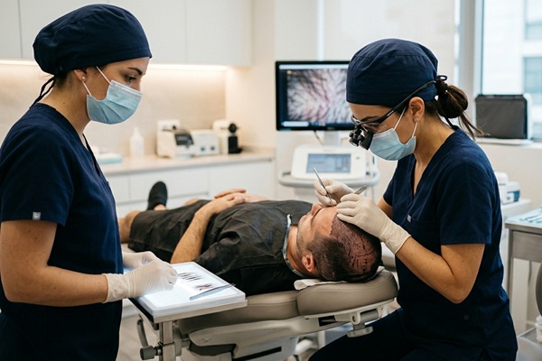 Cuánto cuesta un injerto capilar en España - Tricóloga evaluando el cuero cabelludo de un hombre con alopecia para determinar el precio injerto capilar España