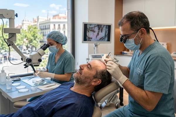 Cuánto cuesta un injerto capilar en España - Médico tricólogo evaluando a un hombre con alopecia androgénica para determinar el precio implante capilar España