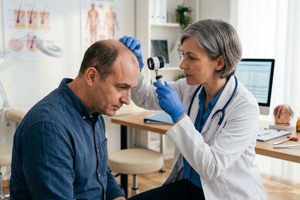 Tricóloga evaluando el cuero cabelludo de un hombre con alopecia avanzada para determinar el trasplante capilar precio