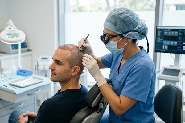 Cirujana capilar realizando un implante de cabello a un hombre con alopecia en las entradas