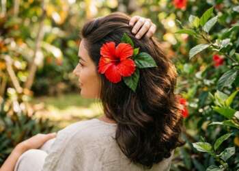 Flor de cayena - Mujer con una flor de cayena en el cabello que posee propiedades nutritivas para estimular el crecimiento capilar