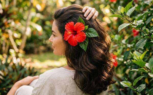 Flor de cayena - Mujer con una flor de cayena en el cabello que posee propiedades nutritivas para estimular el crecimiento capilar