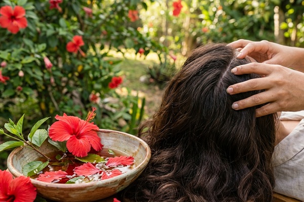 Flor de cayena - Mujer aplicando una infusión de flor de cayena en el cuero cabelludo para estimular el crecimiento capilar