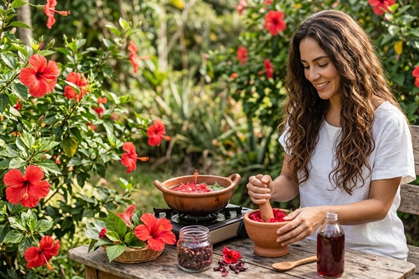 Flor de cayena - Mujer preparando una infusión de flor de cayena para nutrir y limpiar el cabello