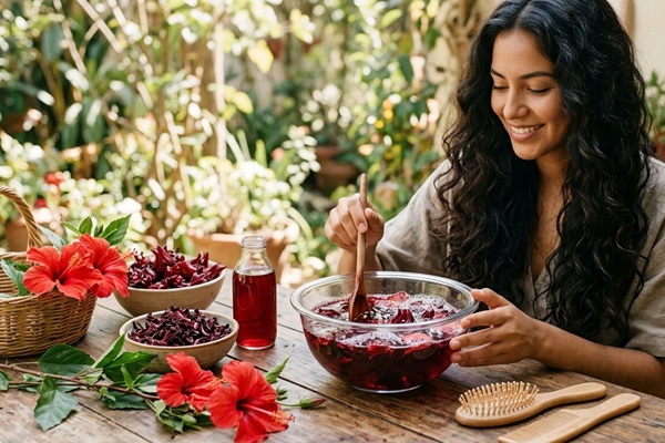 Mujer preparando una infusión natural para aplicar una mascarilla capilar y eliminar la caspa en el pelo