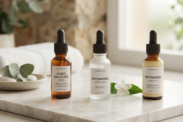 Envases con ingredientes activos de ácido salicílico, niacinamida y retinoides para cerrar los poros de la cara