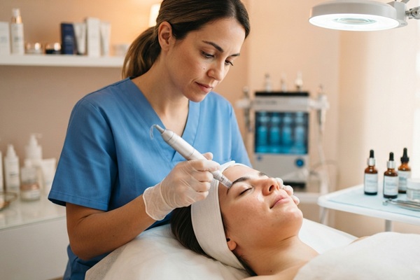 Médico estético realizando un tratamiento con microneedling a una mujer para rejuvenecer la piel del rostro